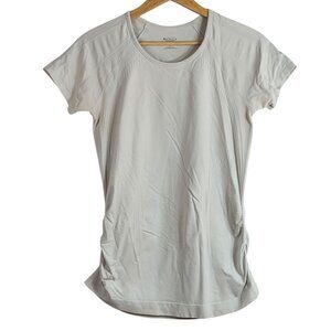 Athleta Womens Speedlight Seamless Tee Shirt Tan Gray Large S/S Ruching READ